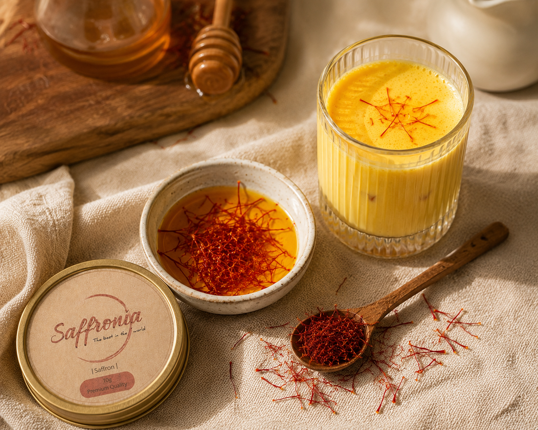 Bloomed saffron threads in warm water beside a golden saffron drink, styled for an anti-inflammatory wellness article