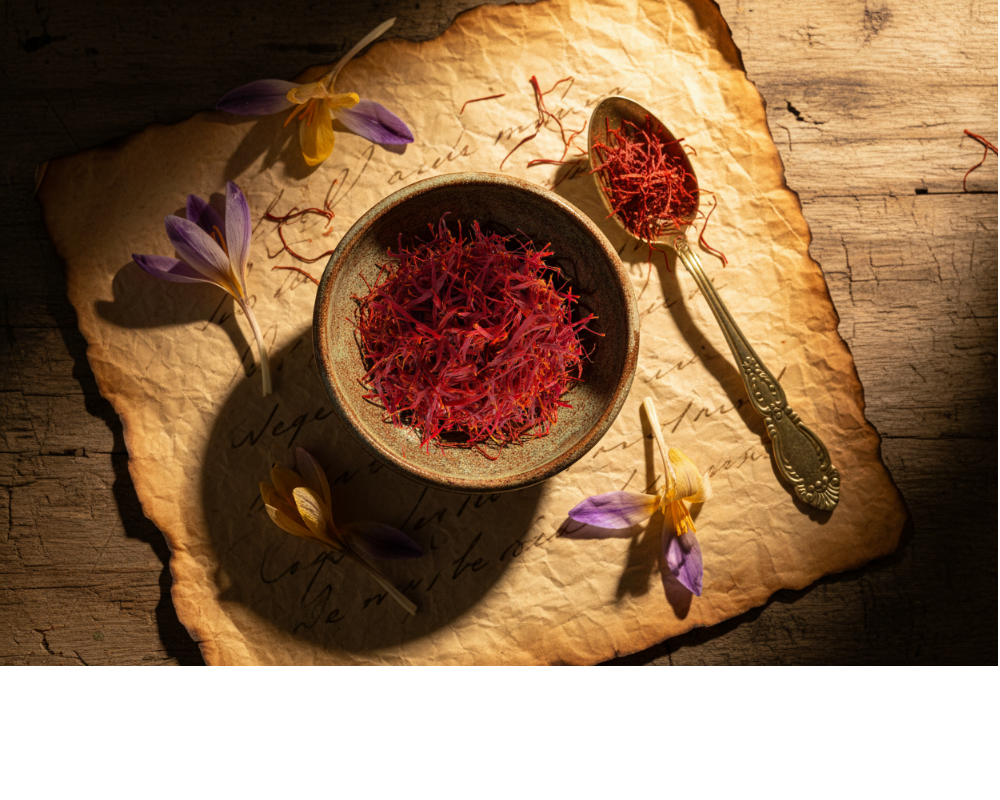 A ceramic bowl of premium saffron threads surrounded by dried crocus flowers on aged parchment, representing the ancient history of saffron