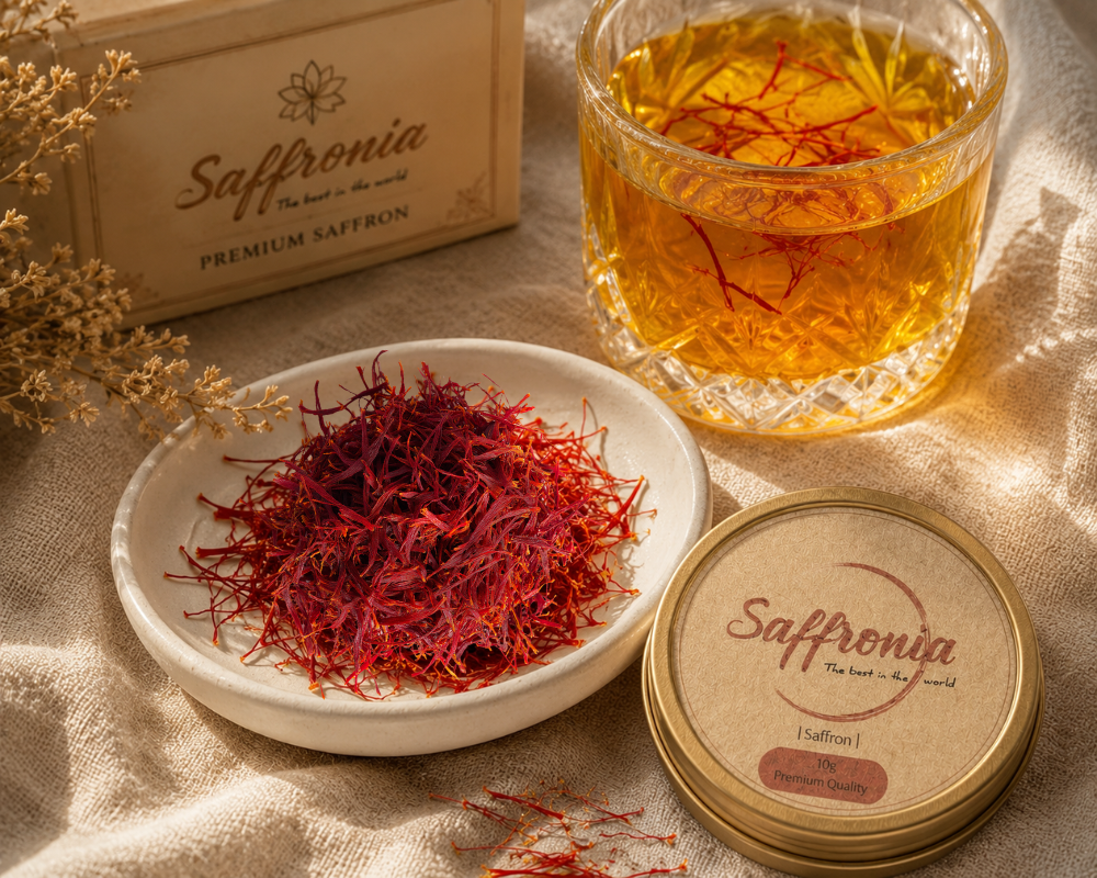 Premium saffron threads in Canada shown on a ceramic dish with bloomed saffron water, illustrating high-grade saffron quality