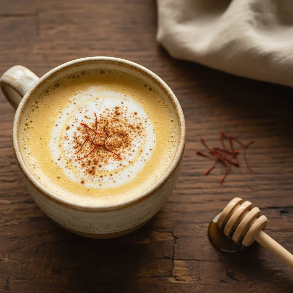 Saffron golden milk latte in a ceramic mug with saffron threads and honey dipper on a wooden surface