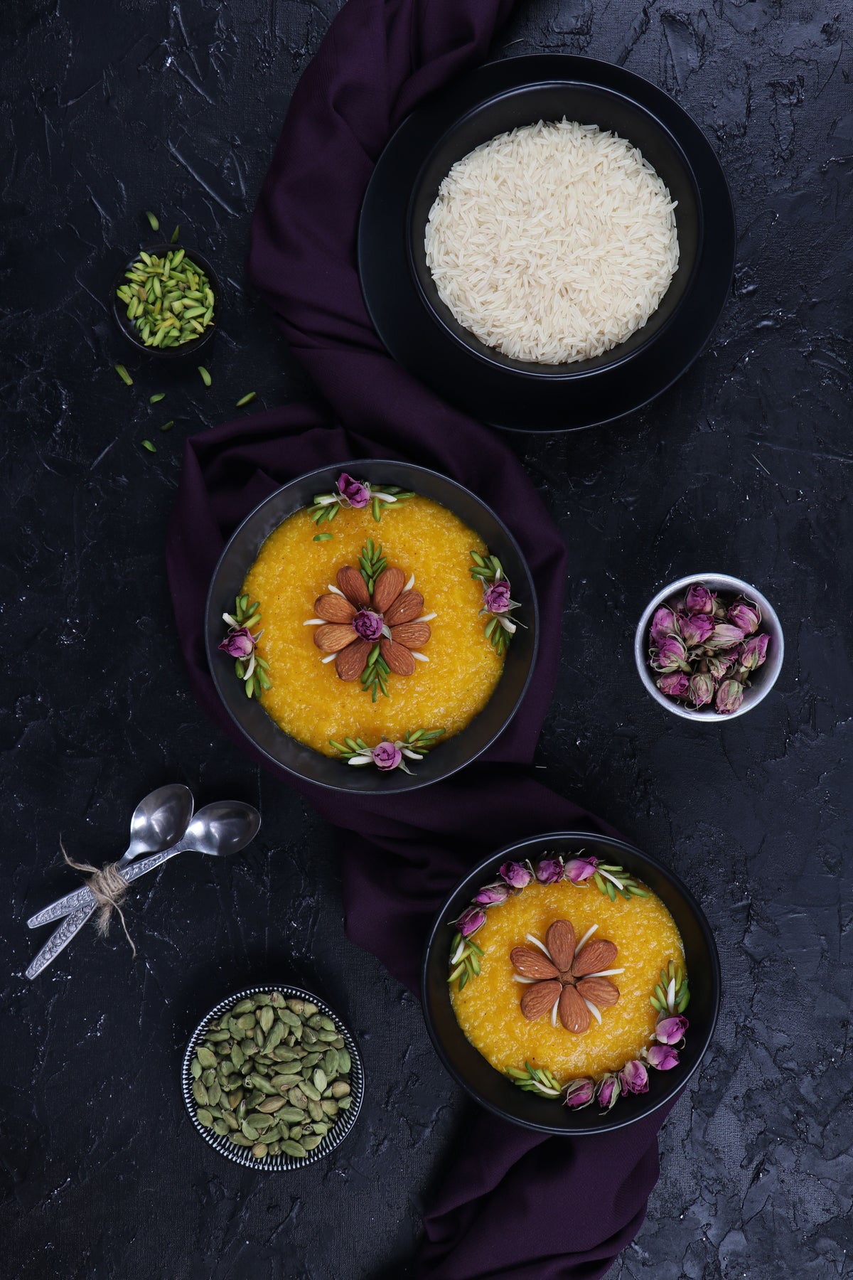 saffron desserts in black bowls