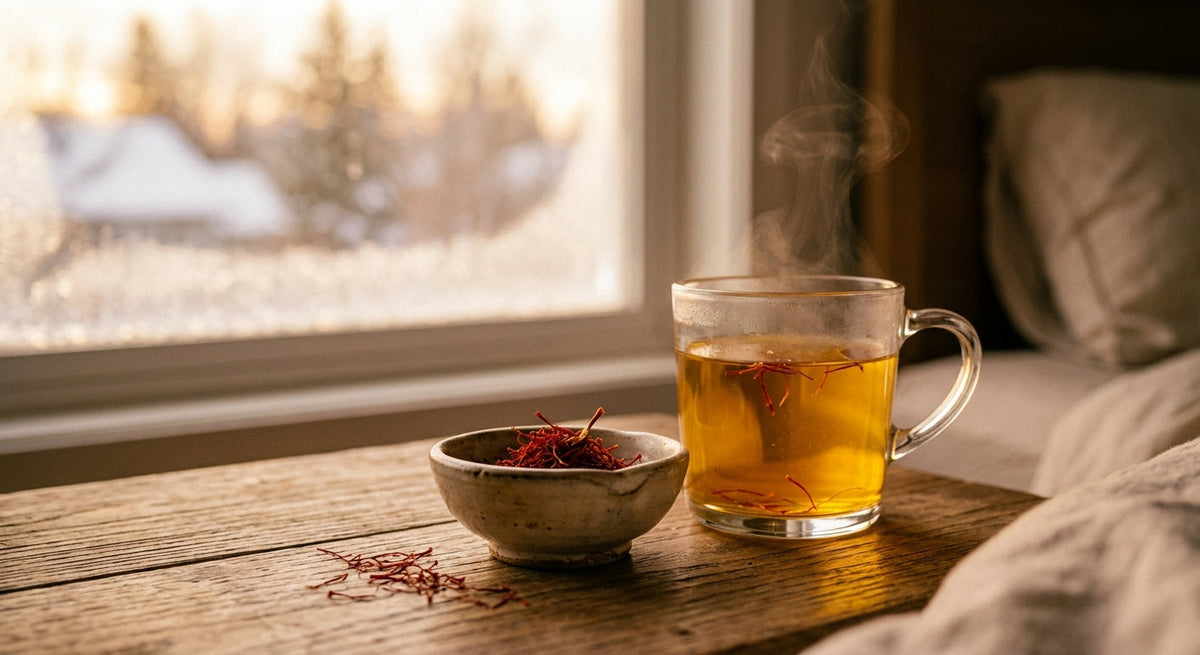 Premium saffron threads in a ceramic bowl with a warm cup of saffron tea, natural mood support for Canadian winters