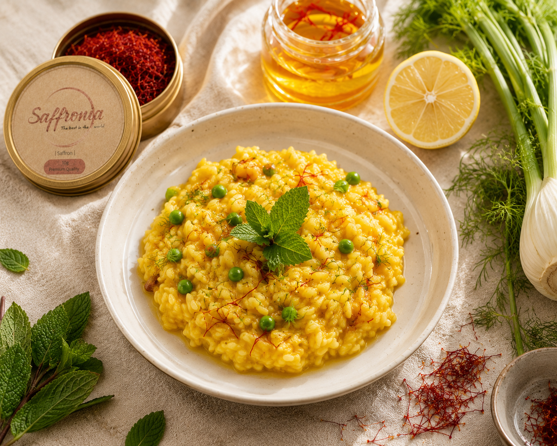 Spring saffron recipes including lemon risotto with peas and fresh herbs, styled with Saffronia saffron threads on a light linen background