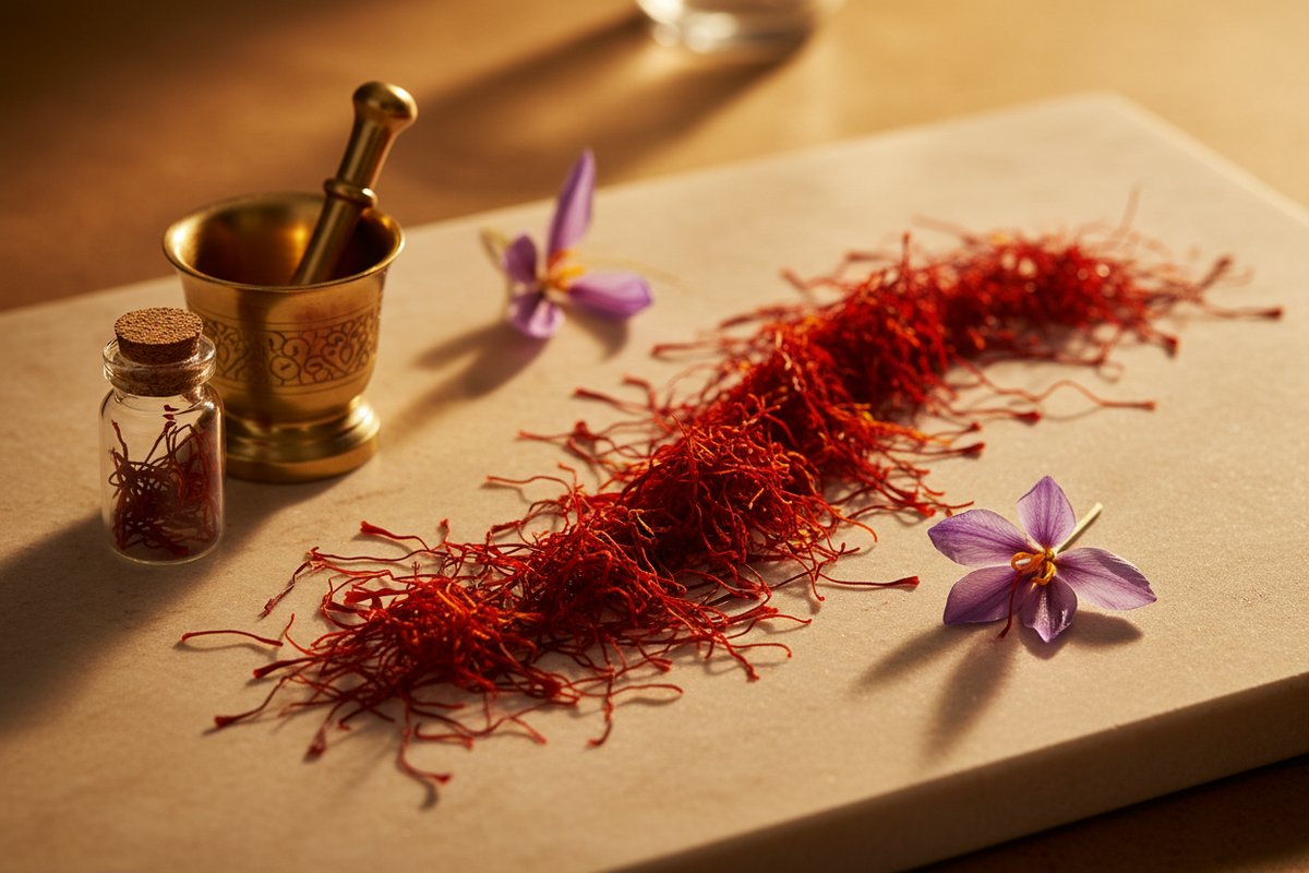 Premium red saffron threads on a ceramic dish for buying saffron in Ottawa guide by Saffronia