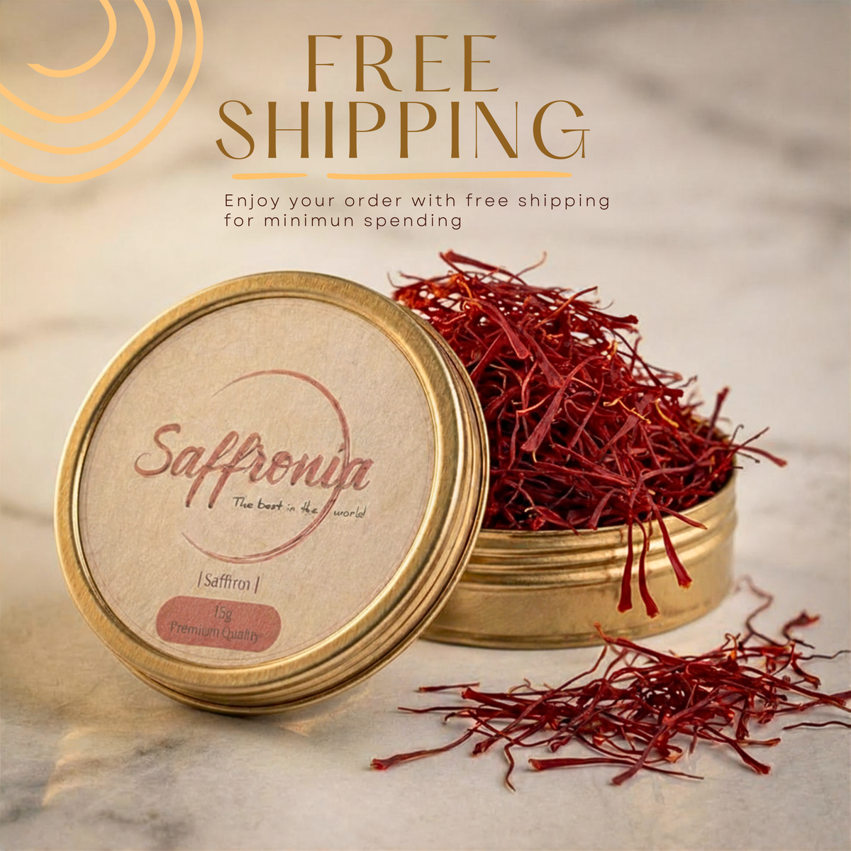 Saffronia Grade 1 Super Negin saffron threads, 15g Goldern jar/tin. 